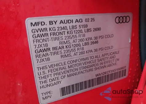 2025 Audi Q3 Premium 45 Tfsi S Line Quattro Tiptronic z USA, uszkodzony, nr VIN WA1DECF3XS1049607